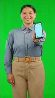 Phone, green screen and a business woman advertising or marketing on a screen with tracking markers