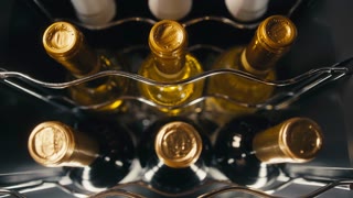Storing bottles of wine in fridge, white and red wines in cooler. Alcoholic card in restaurant or at home storage, shop supermarket. Cooling