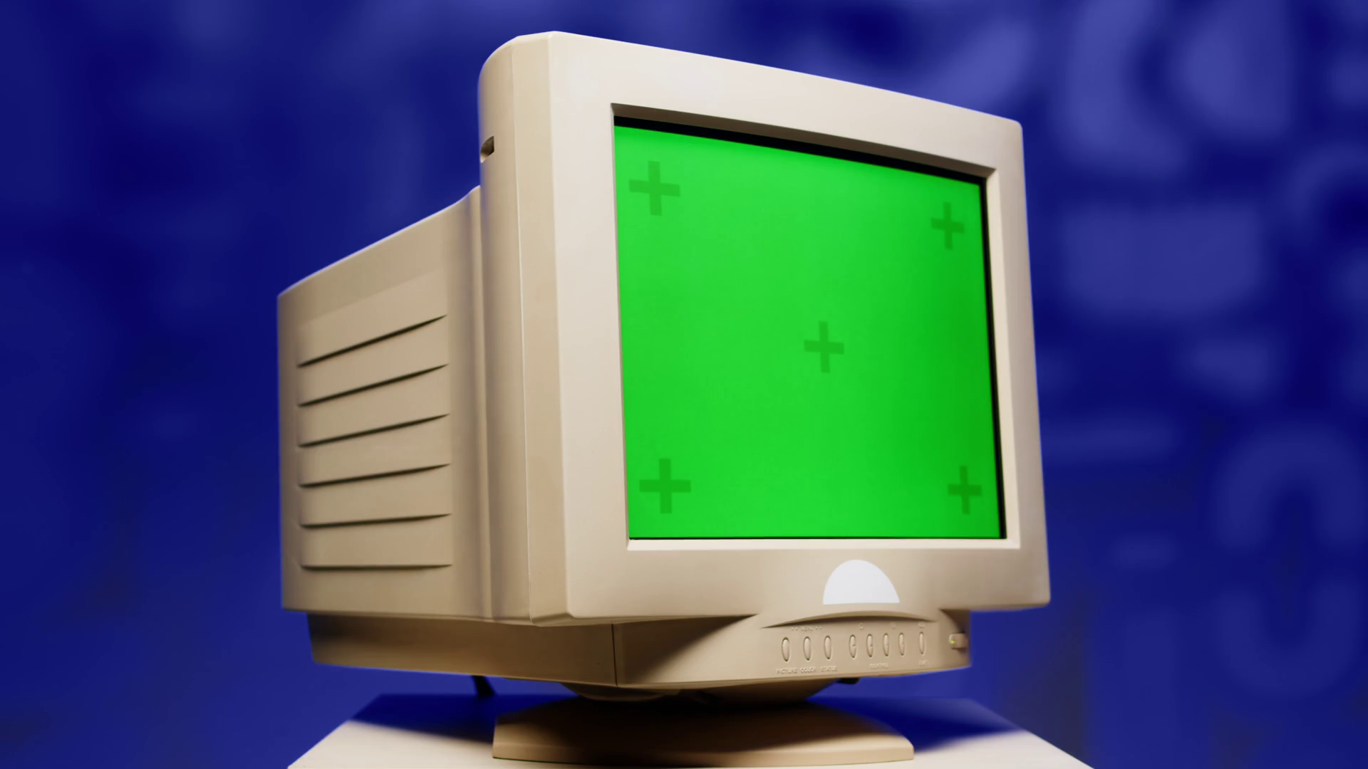 Retro pc with chroma key green screen, Old computer studio closeup, Desktop vintage retro wave