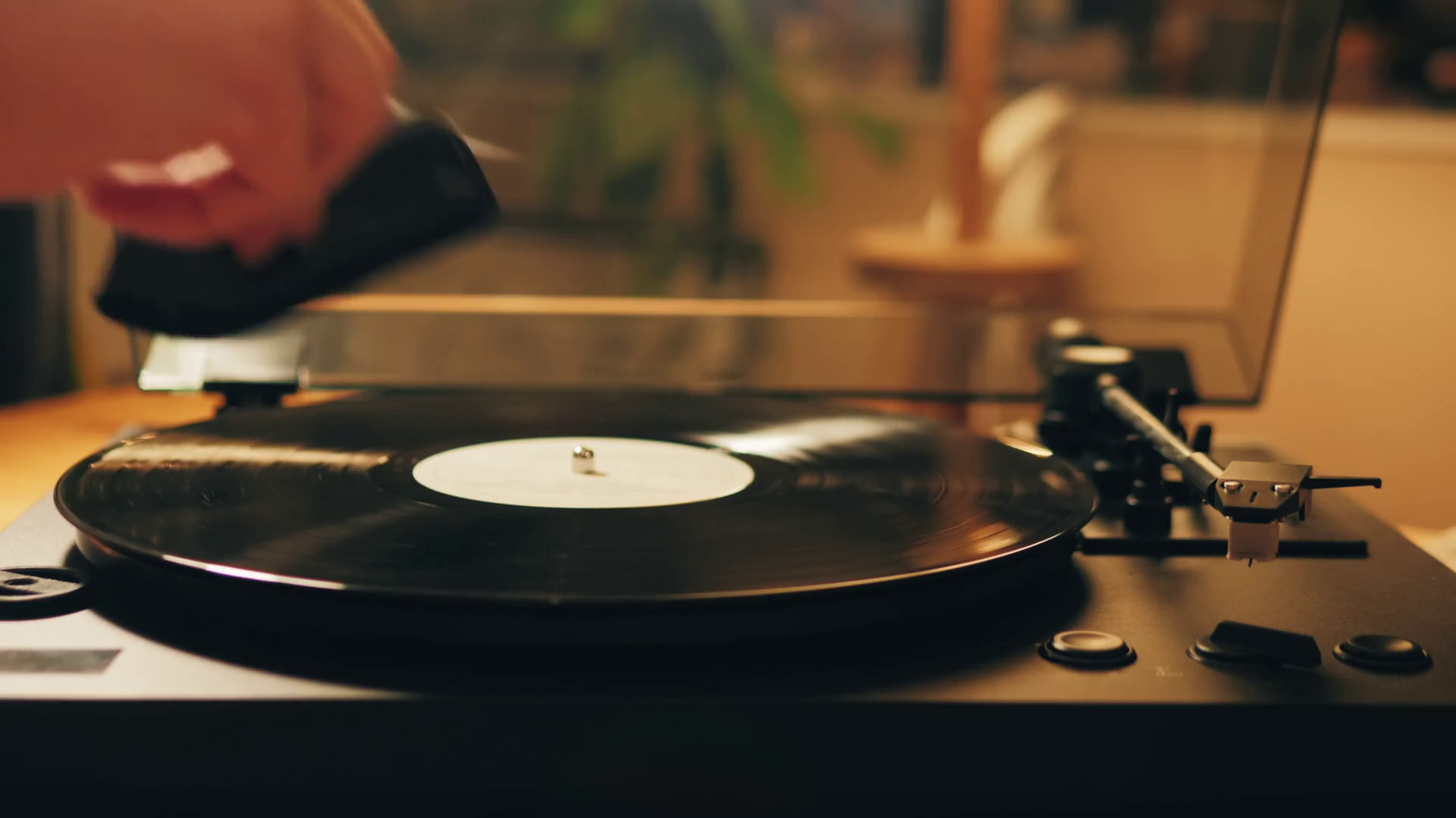 Black Vinyl Disc Record Closeup Playing Music, Vintage old turntable