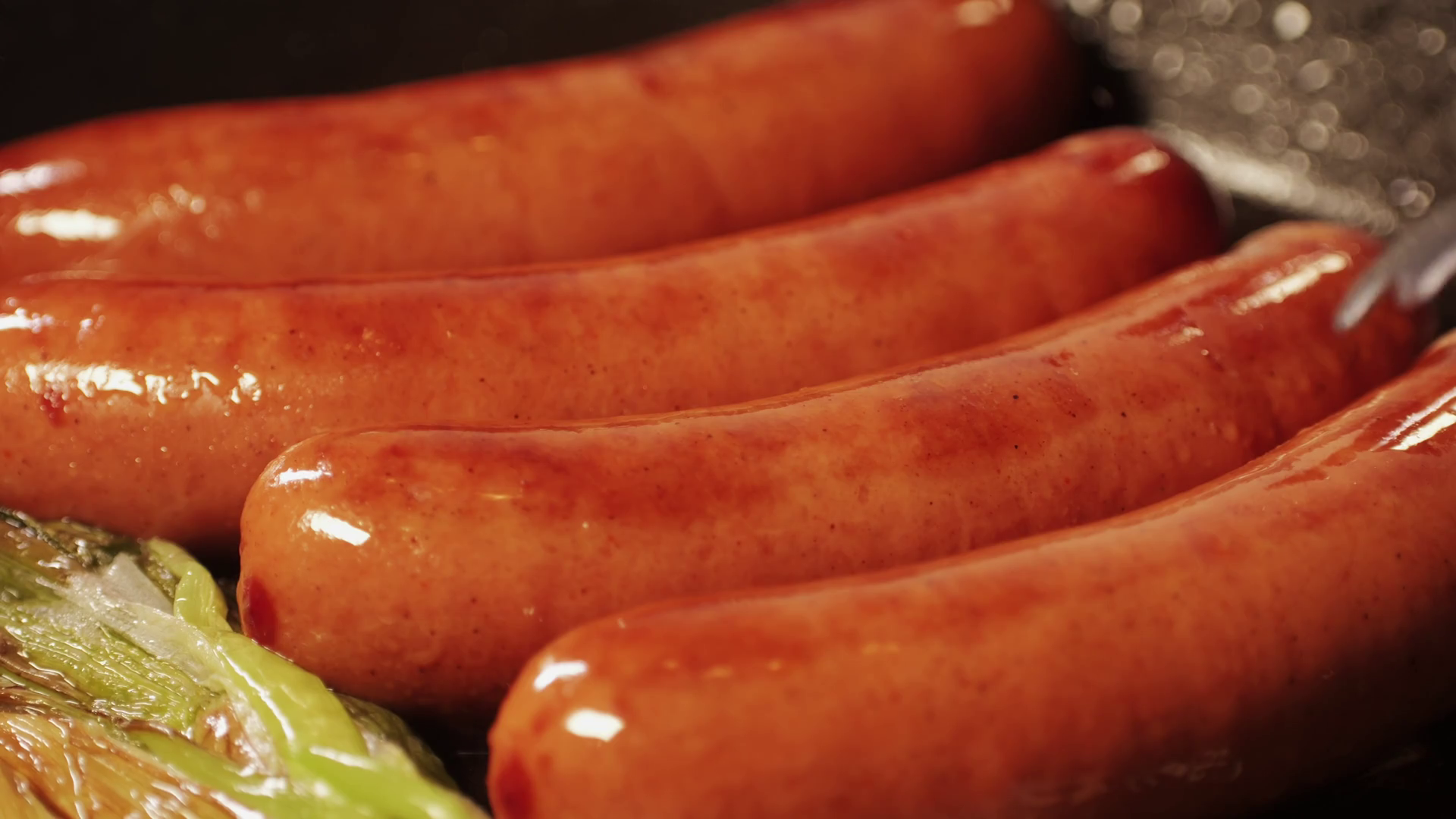 Chef Cooking Smoked German Sausages Close Up Stock Footage SBV