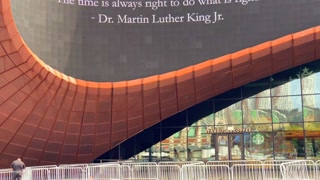 Tilt Down View Of Barclay Center Digital Billboard Martin Luther King Quote