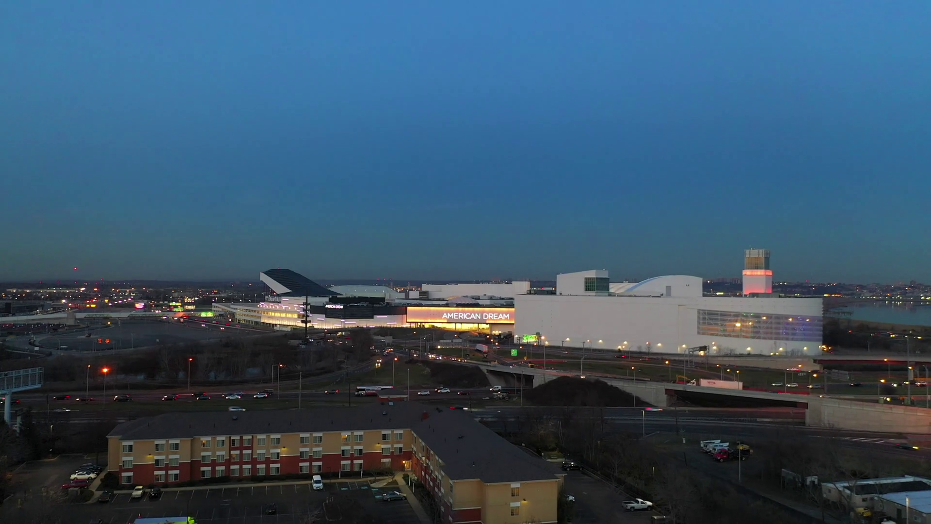 Aerial Night View Of The New American Dream Mall Stock Video Footage 00