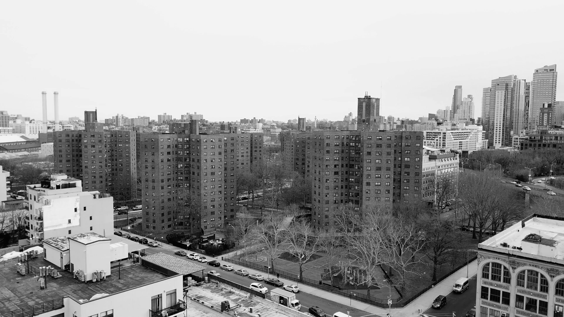 Flying Through Farragut Housing Projects In Brooklyn Black And White Stock Video Footage 0016