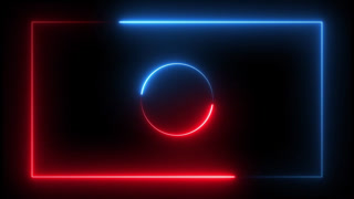Animated Modern Neon Frame with a Red Rectangle and Blue Circle for a Futuristic Intro or Presentation Background
