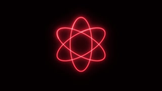 Glowing Red Neon Atom Symbol Animation Representing Science, Physics, and Nuclear Energy on a Black Background