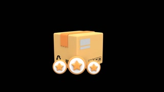 3D Box with Three Gold Stars Representing Product Reviews and Customer Satisfaction Ratings with Alpha Channel