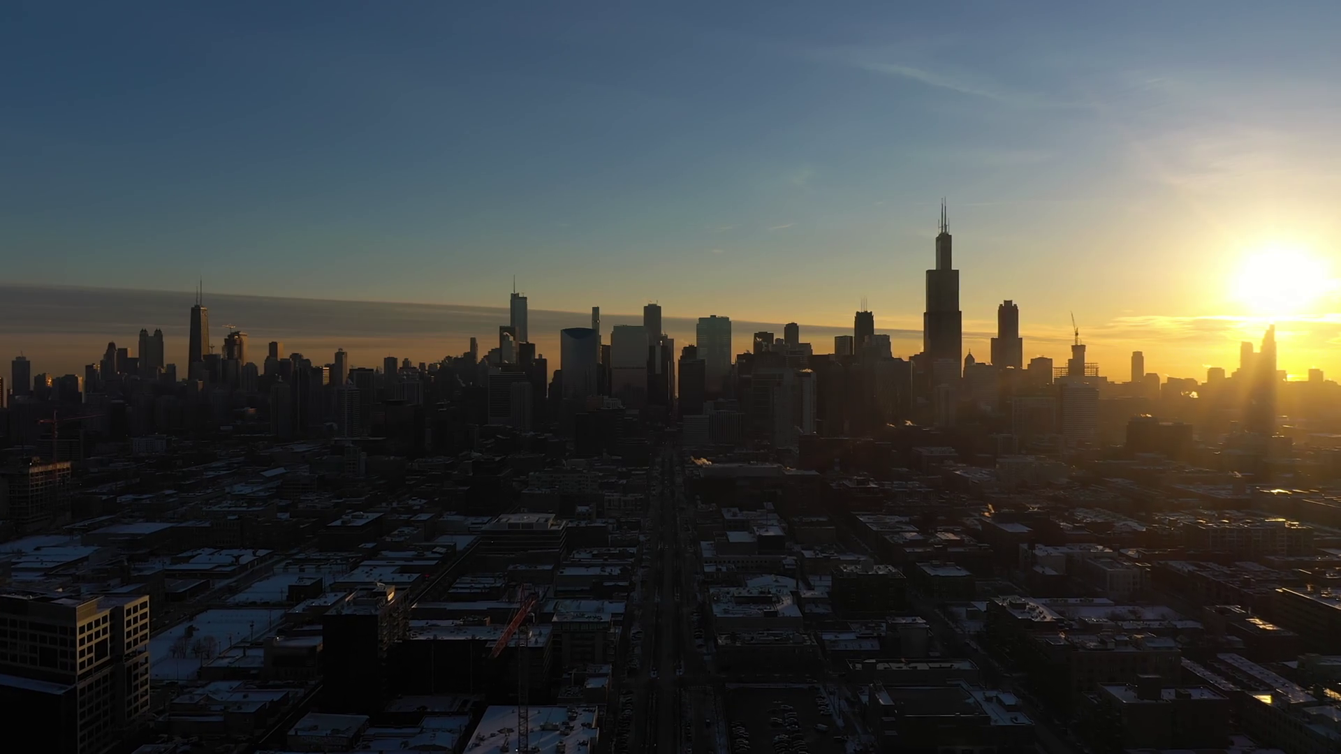 City of Chicago at Sunrise in Frosty Winter Morning. Golden Hour