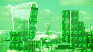 amazing london city timelapse with glitch and distortion mapped over the skyline and repeating error message