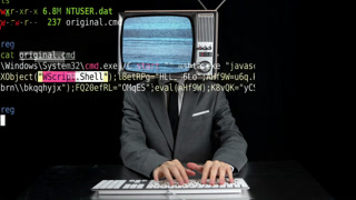 A man typing on keyboard with a television head and overlayed code and data
