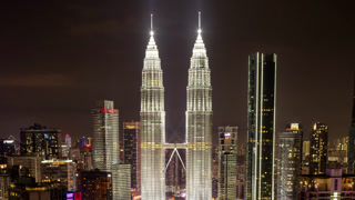 Timelapse of the Kuala Lumpur skyline and petronas towers from a high vantage point at night