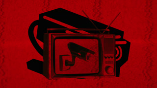 a retro television turning in space with sequence of cctv security cameras on the screen in red