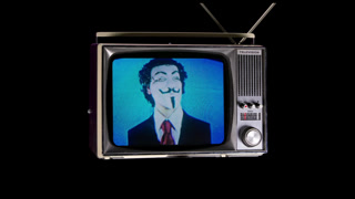 retro television turning in space with man with vendetta mask on the screen