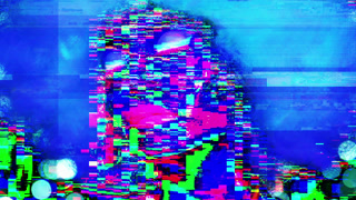cyber woman filmed in fluorescent clothing under UV black light with overlayed glitch