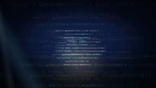 Abstract digital background of scrolling quantum computing code with blue light