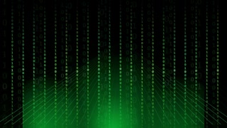 Abstract Digital Green Binary Code Rain Falling Over a Glowing Cyber Grid