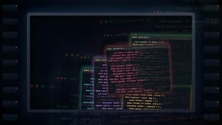 Abstract Digital Screen Displaying Scrolling Computer Code with Colorful Neon