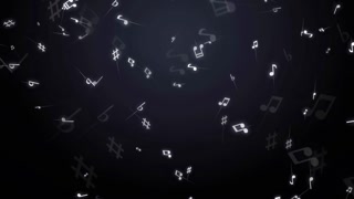 Abstract floating musical notes and symbols drifting through a dark blue