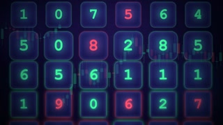 Abstract digital data stream with glowing neon numbers and financial chart