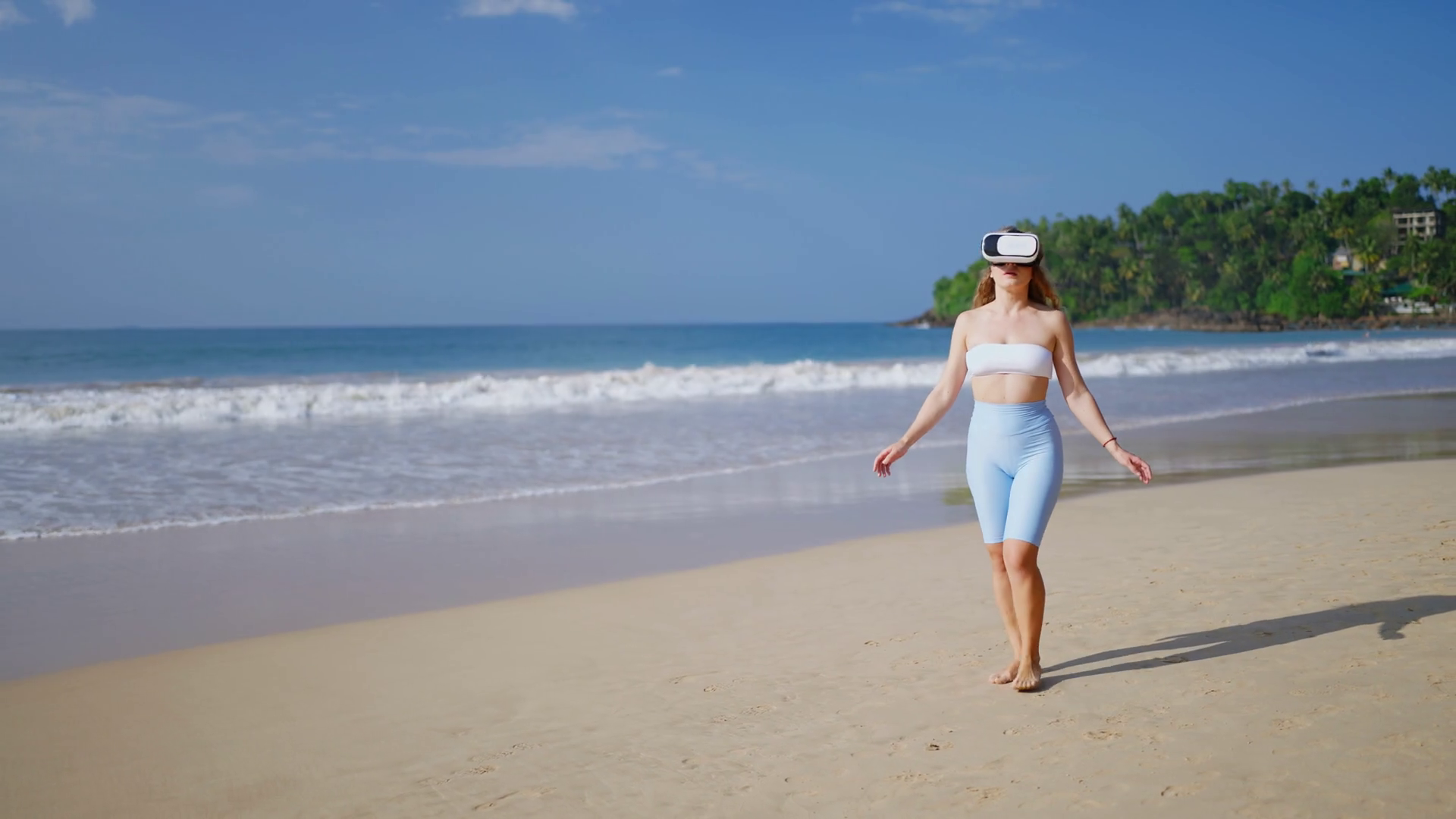 Woman Explores Virtual Beach With Vr Headset Stock Footage SBV ...