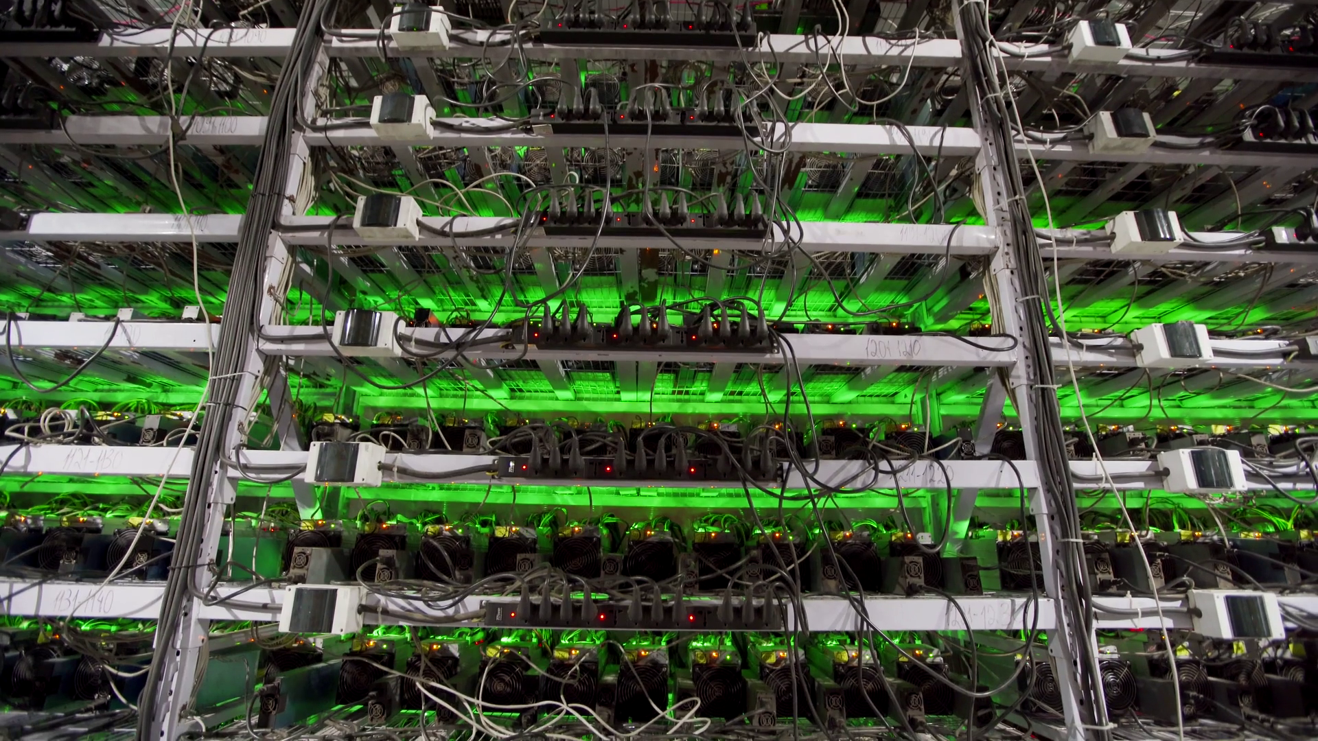 Cryptocurrency Mining Equipment On Large Farm Asic Miners On Stand Racks Mine Bitcoin In Server Room Blockchain Techology Application Specific Integrated Circuit Tripod Tilt Stock Video Footage Storyblocks