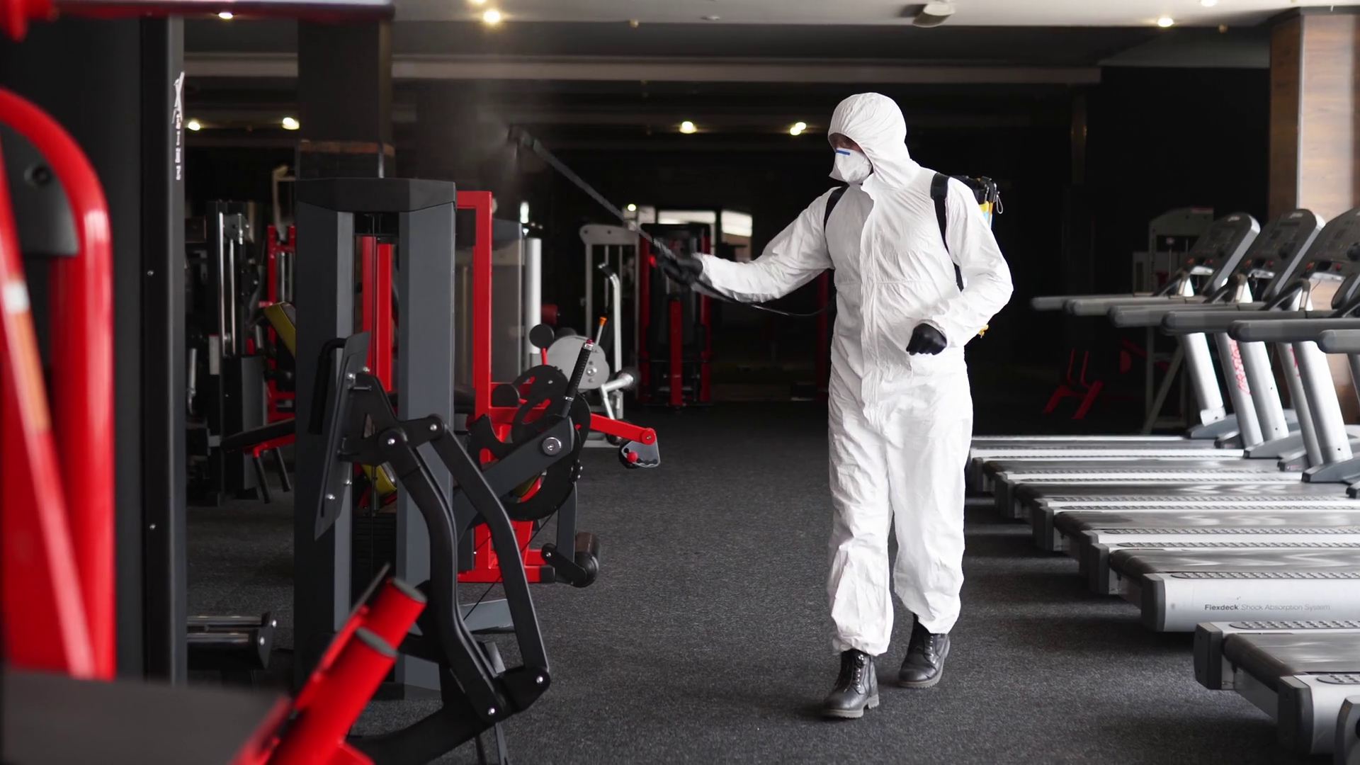Hazmat Worker Disinfects Gym Fitness Stock Footage SBV338286958
