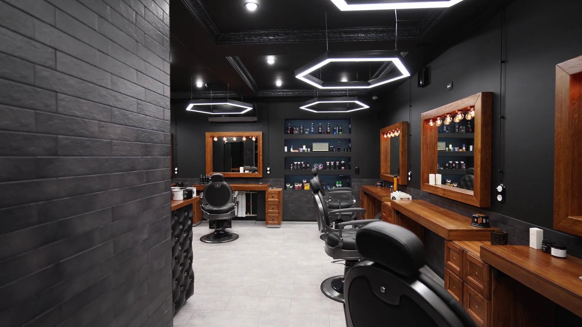 Vintage barbershop interior - movement along the chairs, wooden tables