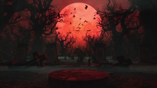 Horror Cemetery Mockup with Foreground Platform Against Giant Blood Moon and Swarm of Bats