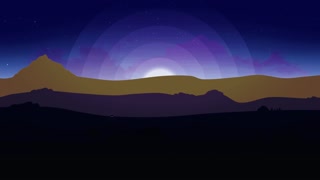 Animation of Night Sky With Clouds. Animated Cartoon Desert Dunes on a Starry Night with Moon. Moon with Stars and Clouds. Seamless Loops