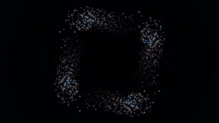 Glittering golden particles floating, swirling in a spiral trajectory and spreading around on black background. Animation. Abstract cloud of