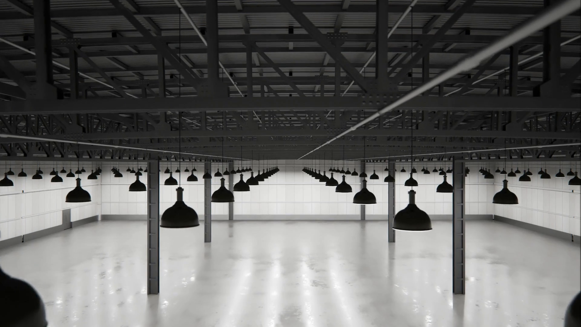 Flythrough Empty Modern Warehouse Hangar Stock Motion Graphics SBV