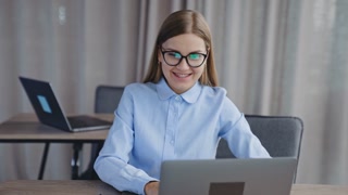 Smiling Long Haired Woman Takes off her Glasses Confident Happy Business Lady in Office Atmosphere
