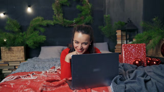 Woman Lying on Bed with Laptop Beautiful Girl Computer