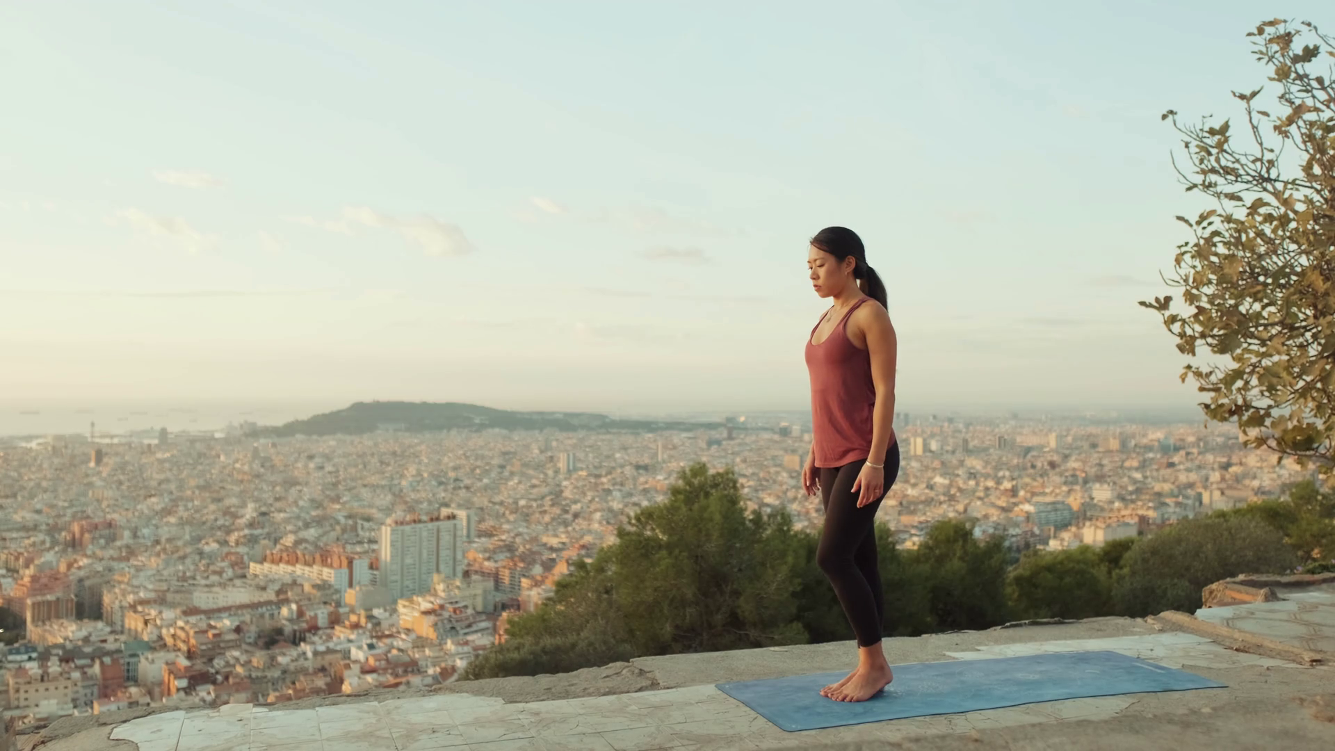 Girl Practices Yoga Stands On Leg At Lookout Stock Footage SBV347395266 Storyblocks