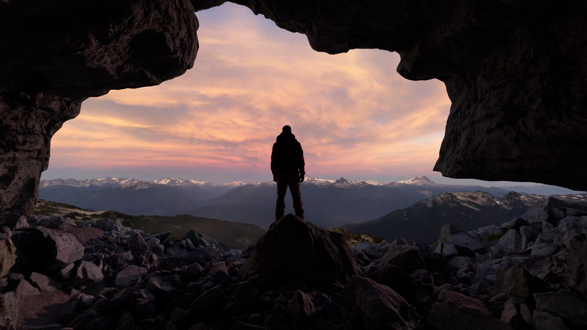 Explorer Silhouetted In Cave Entrance Gazing Stock Footage SBV ...