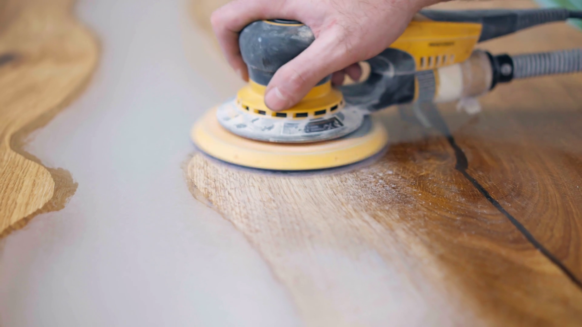 Process Of Wooden Epoxy Tabletop Polishing Stock Footage SBV348801689