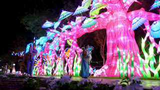 Night illumination at Dubai Garden Glow park with bright light installations and decorative objects.