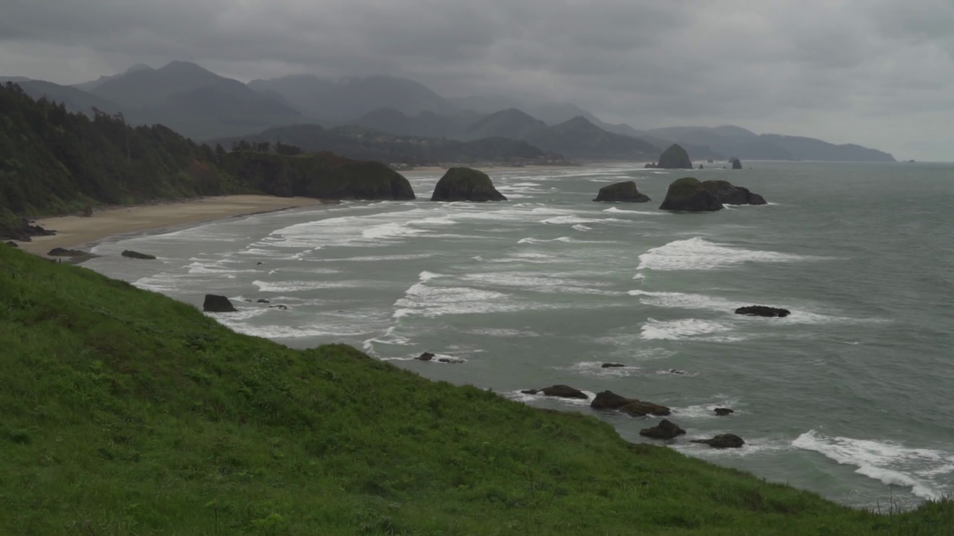 Oregon Cloudy Cannon Beach In Slow Motion Stock Footage SBV328096634