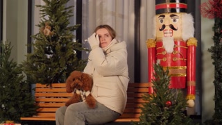 A charming winter scene - Young woman sitting on bench with her poodle dog next to Christmas trees and Nutcracker decoration