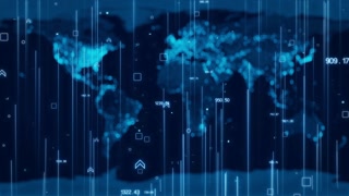 World map of business technology on blue background in a seamless loop