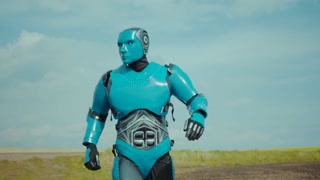 Robotic farm droid walking on rural field monitoring cultivation. Futuristic farming worker cyborg robot typing on his body activating smart