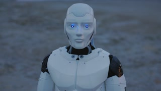 Outdoor Portrait Face of White Robot Prototype AI Humanoid. Cybernetic Artificial Intelligent Automated Cyborg. Desert Landscape. Twilight