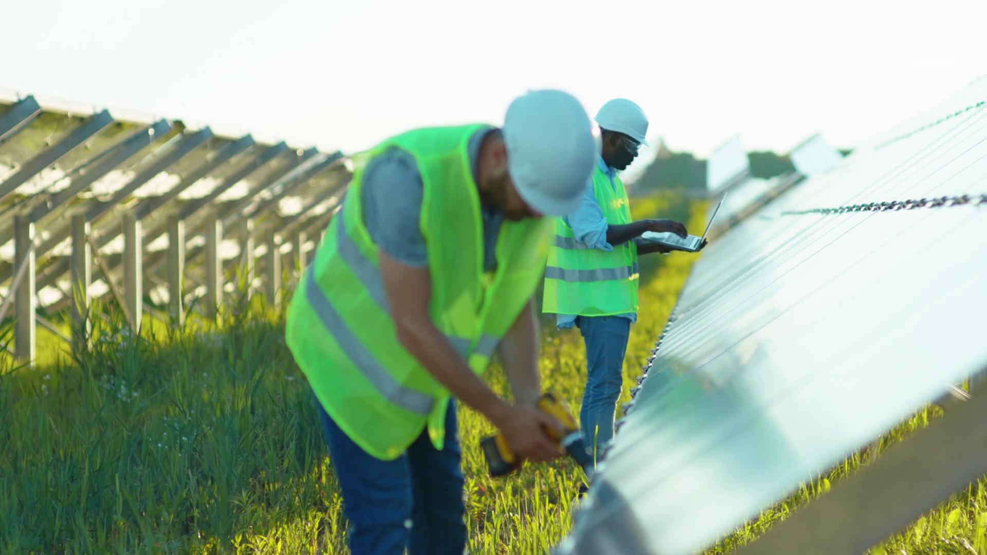 Close Up Men Workers Fixing Solar Panel To Stock Footage SBV-352189540 ...