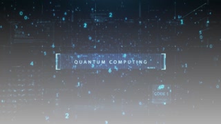 The animated inscription "QUANTUM COMPUTING” typing writing on digital gray background. Futuristic information technology concept