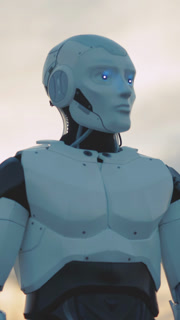 Futuristic Robot with an EyeCatching Glow in a Vibrant Urban Setting and Background