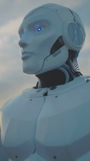 Exploring humanoid robot under early morning light, Cinematic portrait of dawn guardian robot standing alert