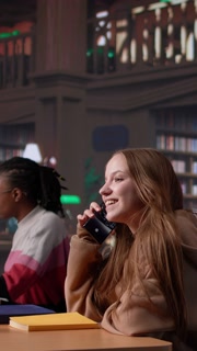 Vertical Video Noisy girl disturbing students at the library by speaking very loud on call, being rude and answering her phone in the study