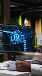 Vertical Video Office employee checking monthly data reports with AI platform, reviewing neural networks algorithms and automation for
