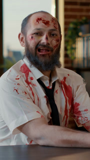 Vertical video: Ugly dirty office zombie sitting at desk while working on modern laptop. Frightening creepy monster with deep and bloody