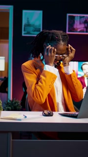 Vertical Video College student having an argument with a classmate while they work on group project, girl hanging up the phone call. Upset